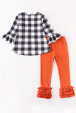 AC Girls Halloween Plaid Pumpkin Ruffle Pants Set