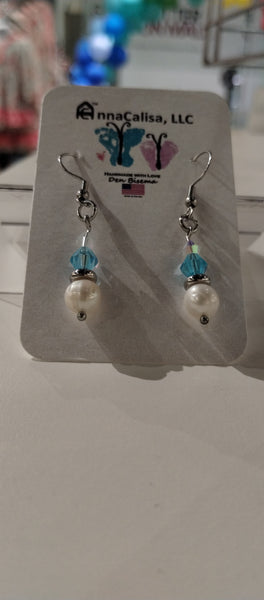 AC KR white and blue beaded earrings with white pearl