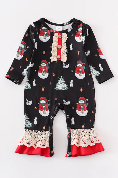 AC Navy Christmas Snowman Ruffle Baby Romper
