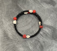 AC Black Beaded Skull and Rose Slinky Bracelet