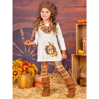 AC Girls Thankful Pumpkin Plaid Leggings & Scarf 3 Pc Set