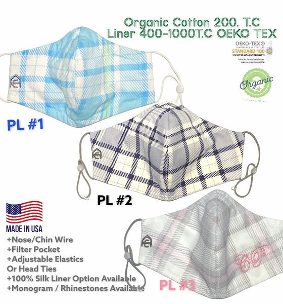 100% organic cotton & ink.3D Hybrid face mask.Adjustable elastics and nose wire. Customize 6 sizes, 2-5 layer + Silk liner available. Plaid