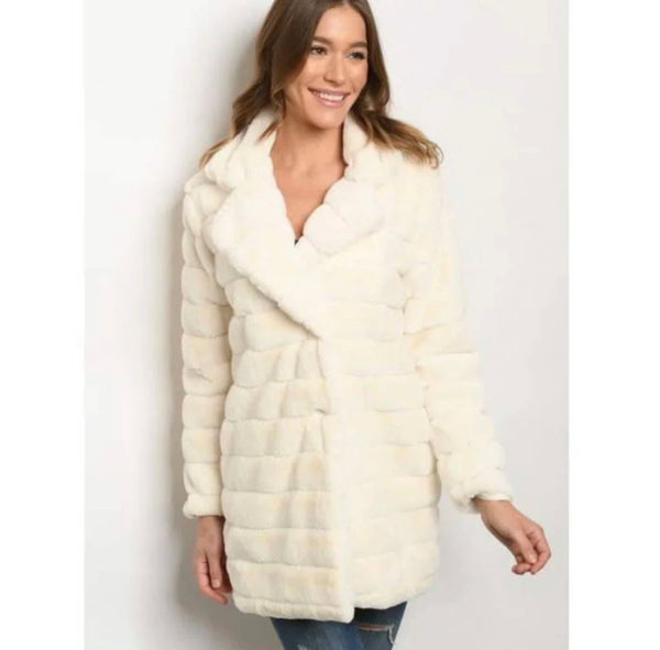 SBV Ivory Faux Fur Collared, Buttoned Coat