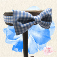 Starla’s blue checkered Bow Tie-white