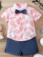 BTL - Baby Boys Pink and Blue Leaf Graphic Print Short Sleeve Shirt & Shorts Set