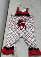 AC RED PLAID REINDEER BABY GIRL DUFFLE ROMPER